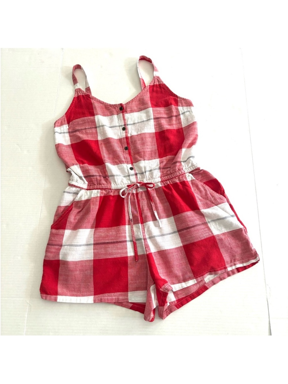 Romper Shorts Red White Plaid Sleeveless Cotton Button Front Pocketsโ Womenโs M